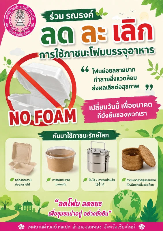 ประชาสัมพันธ์ รณรงค์การลดหรือเลิกใช้โฟมและบรรจุภัณฑ์พลาสติก ชนิดใช้ครั้งเดียวทิ้ง (Single-use plastics)